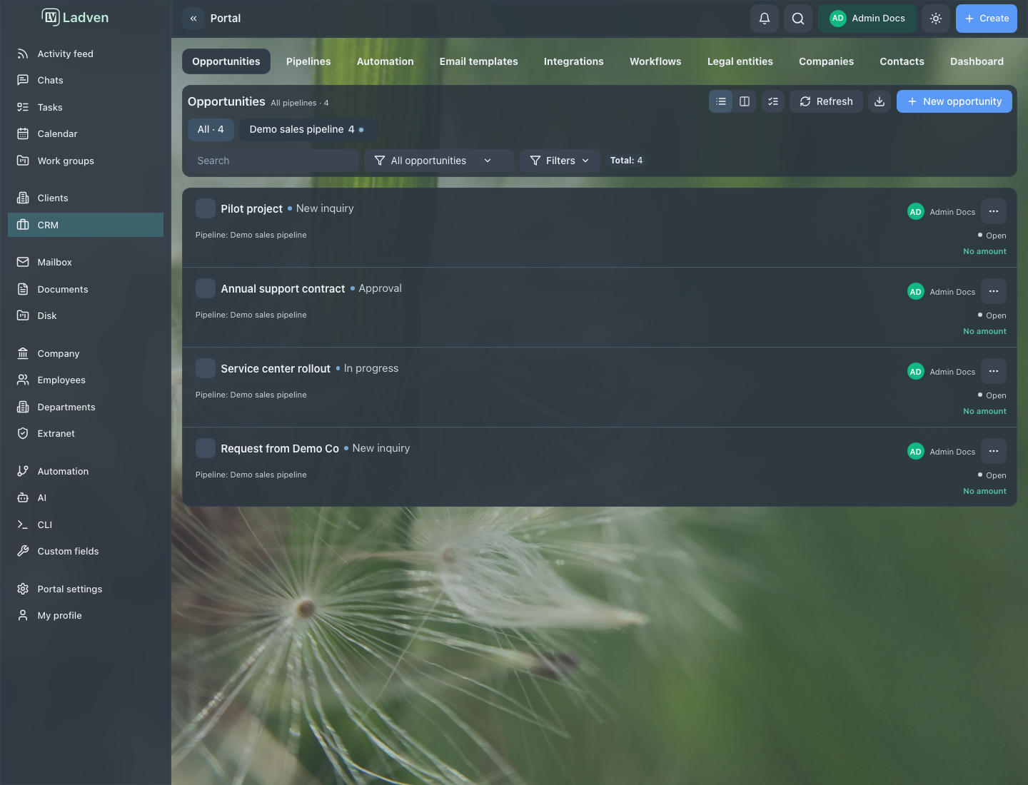 CRM deals board: the Demo sales pipeline with deals across stages
