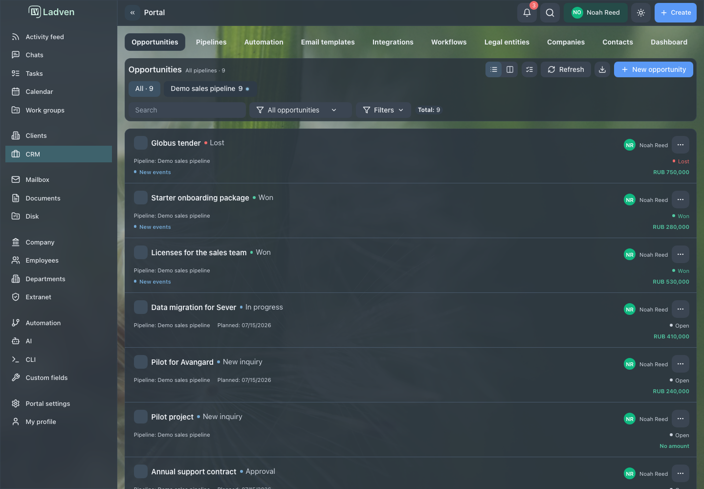 CRM deal list: each row shows the owner and the next step